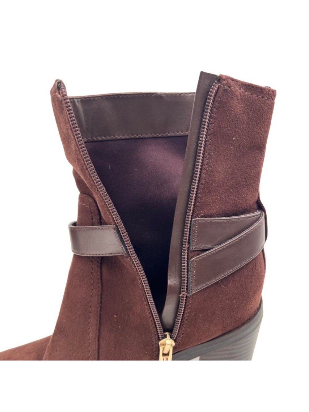 Tommy Hilfiger Brown Suede Ankle Boots Womens Size 8.5M Gold Buckles Block Heel - Picture 12 of 16